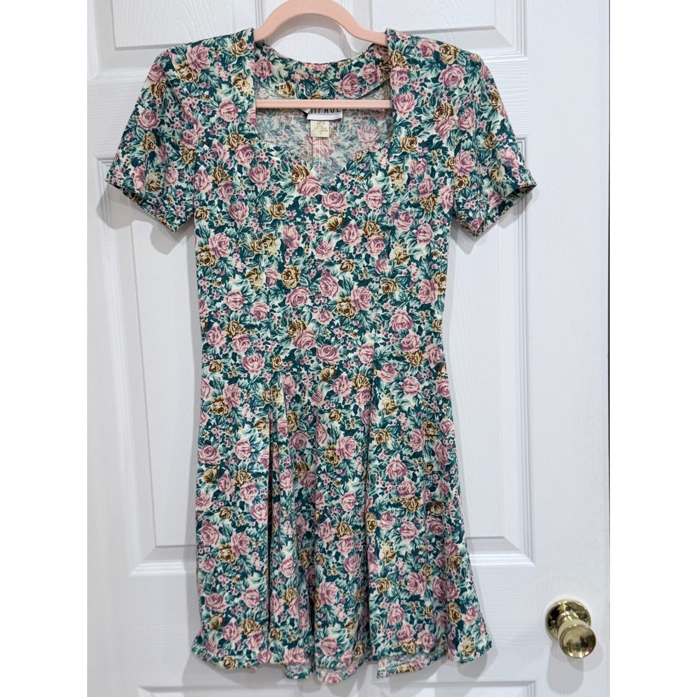 Vintage 90s Rampage Floral Mini Dress Made in USA Pink Green Rose Print Size 5